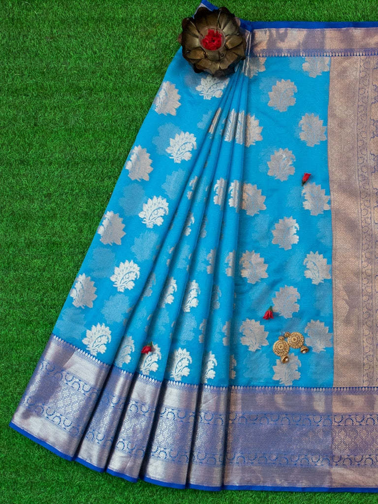 Banarasi Semi Silk Saree With Contrast Floral Buti Weaving Border-Blue