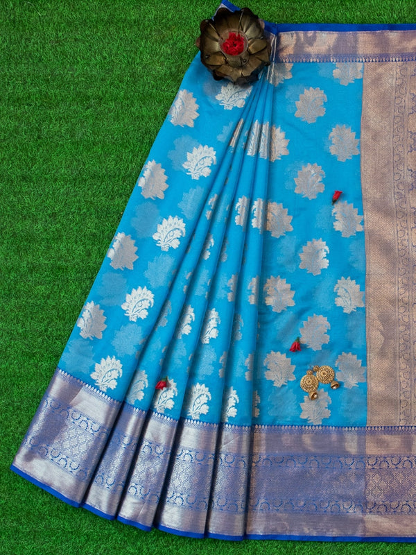 Banarasi Semi Silk Saree With Contrast Floral Buti Weaving Border-Blue