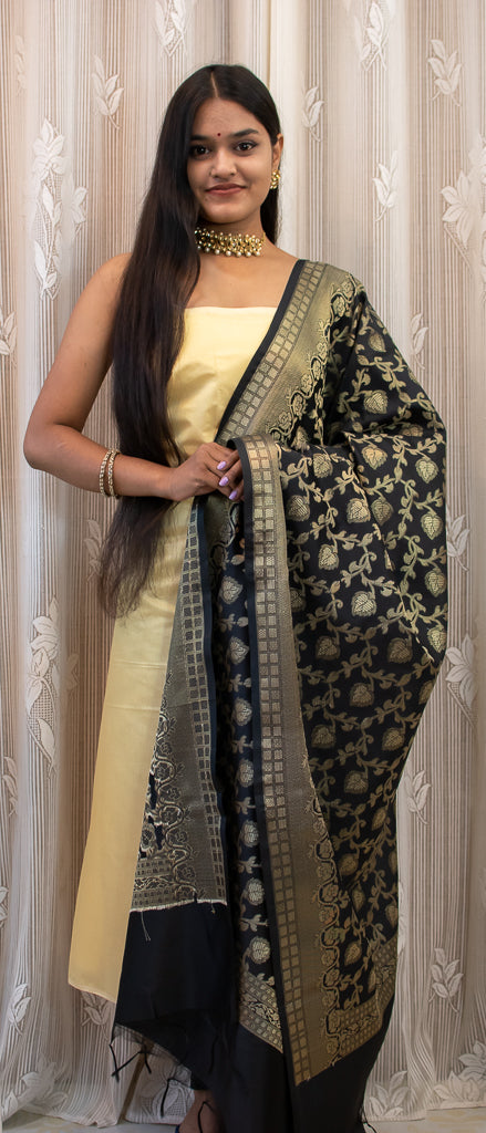 Banarasi Art Silk Floral Jaal Zari Dupatta-Black