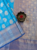 Banarasi Semi Silk Saree With Contrast Floral Buti Weaving Border-Blue