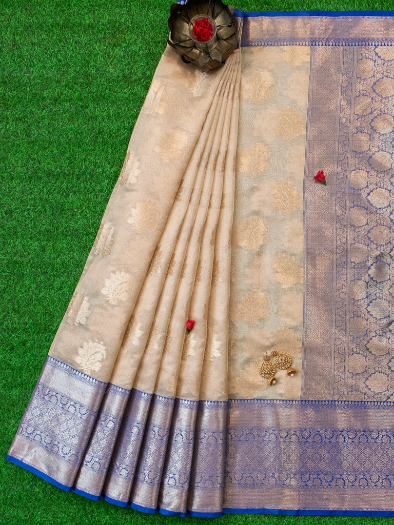 Banarasi Semi Silk Saree With Contrast Floral Buti Weaving Border-Ivory White