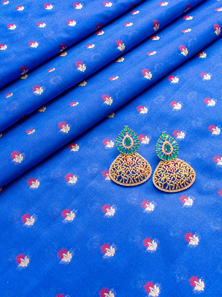 Banarasi Art Silk Zari Small Meena Buti Weaving Fabric-Royal Blue