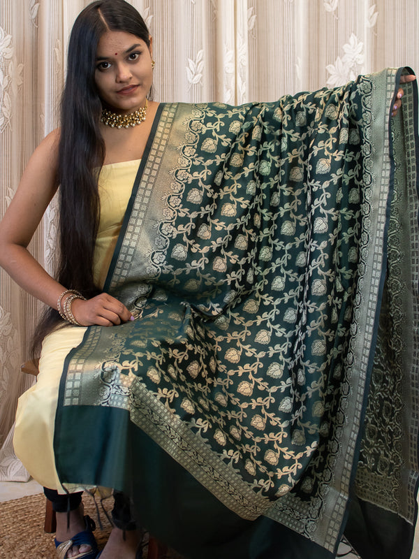 Banarasi Art Silk Floral Jaal Zari Dupatta-Deep Green