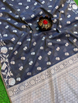 Banarasi Kora Saree With Silver Zari Buti Weaving & Floral Border-Grey