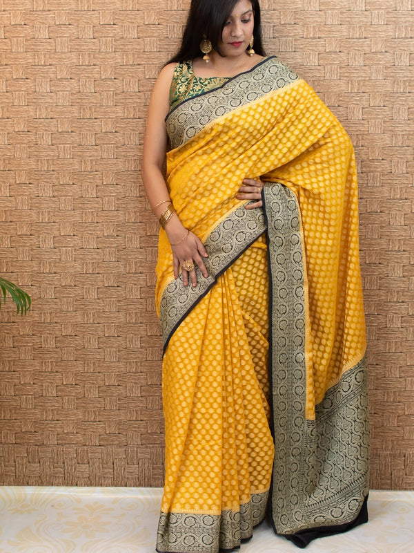 Banarasi Semi Georgette Saree With Zari Buti Weaving & Contrast Border-Mustard Yellow