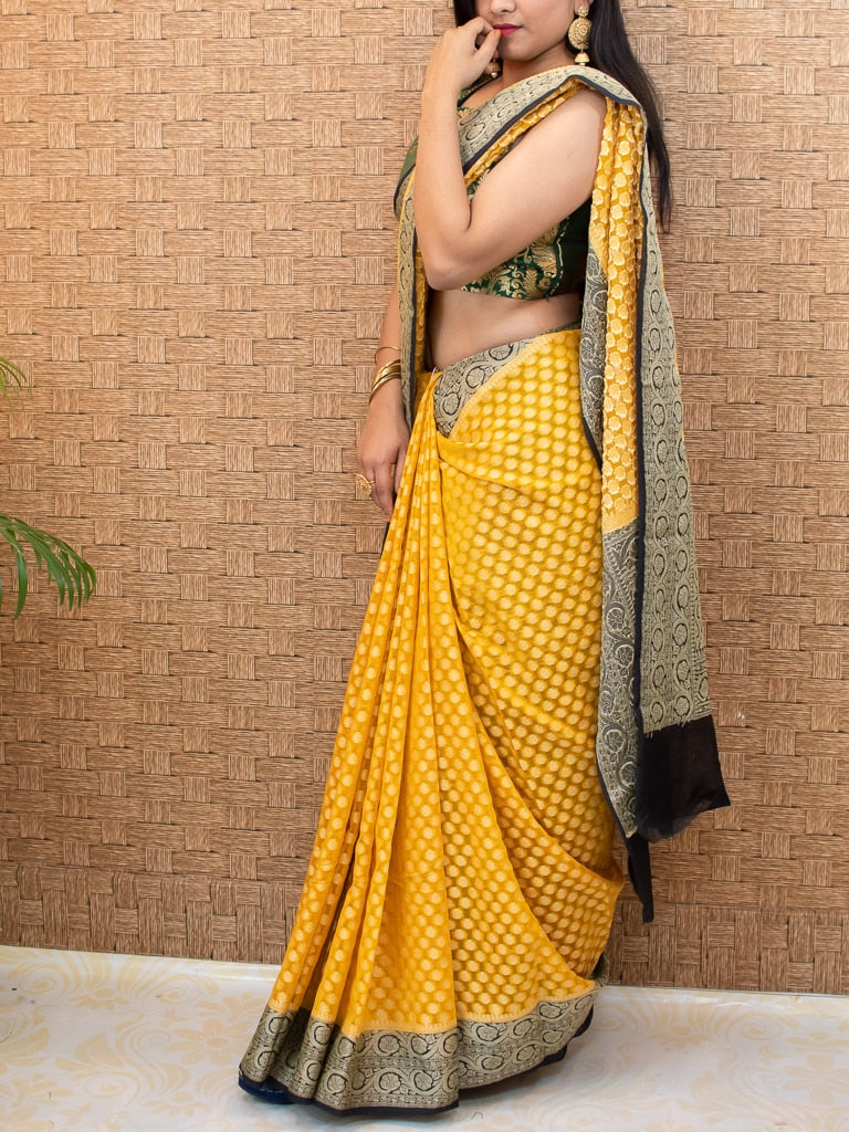 Banarasi Semi Georgette Saree With Zari Buti Weaving & Contrast Border-Mustard Yellow