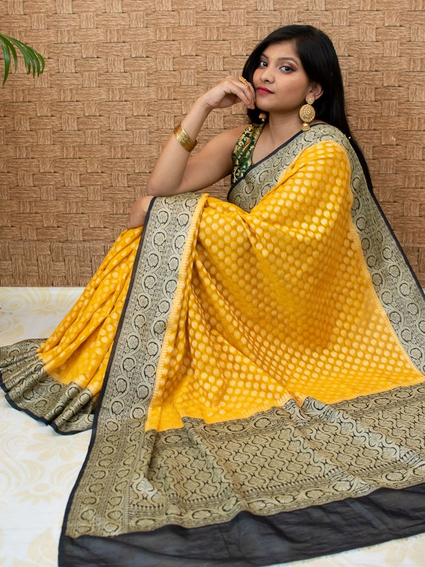 Banarasi Semi Georgette Saree With Zari Buti Weaving & Contrast Border-Mustard Yellow