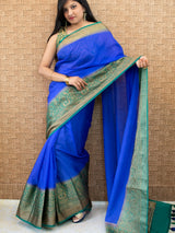 Banarasi Cotton Silk Saree With Antique Zari Weaving & Contrast Border-Blue & Green