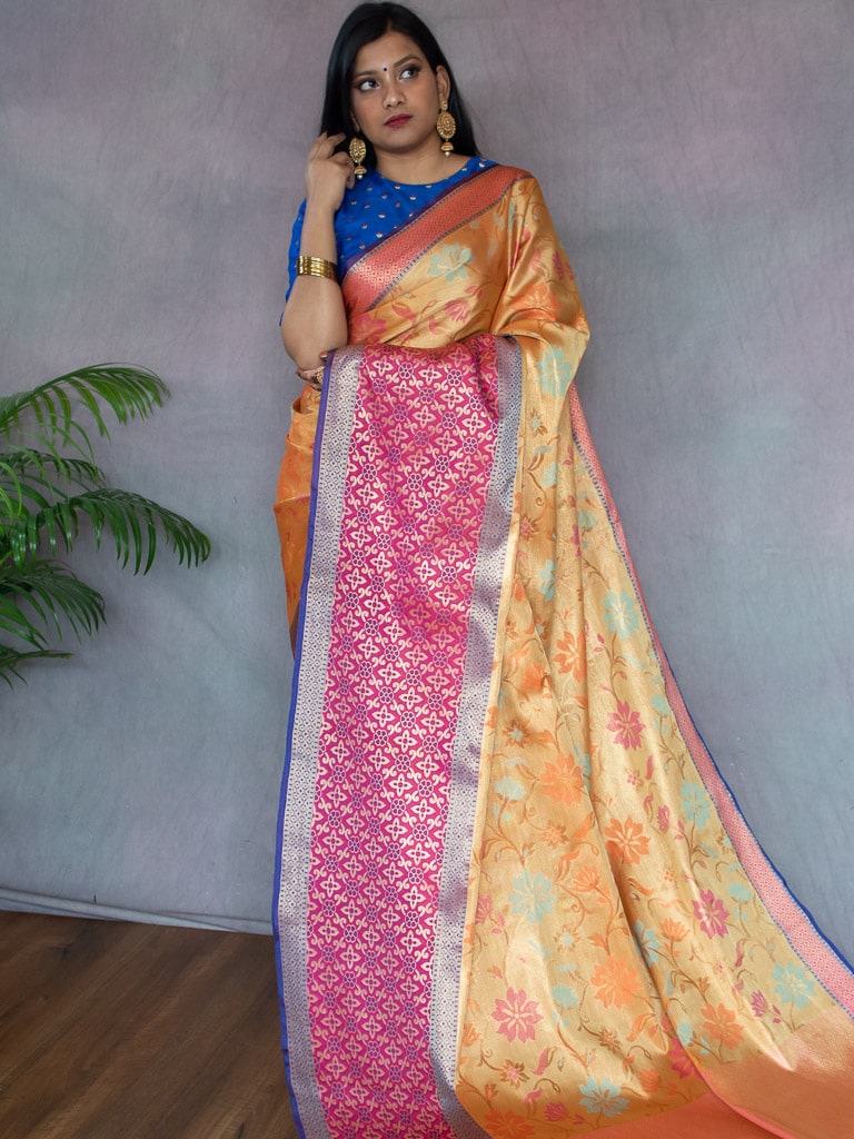 Banarasi Semi Silk Saree With Meena Floral & Zari Jaal Weaving & Skirt Border-Orange