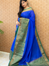 Banarasi Cotton Silk Saree With Antique Zari Weaving & Contrast Border-Blue & Green