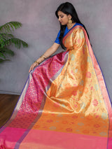 Banarasi Semi Silk Saree With Meena Floral & Zari Jaal Weaving & Skirt Border-Orange