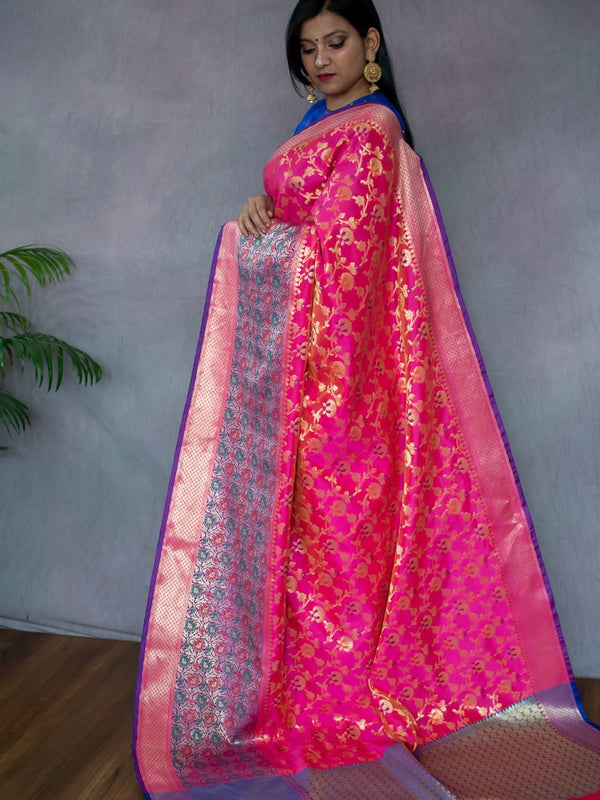 Banarasi Semi Silk Saree With Meena & Zari Jaal Weaving & Skirt Border-Pink
