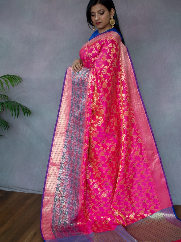 Banarasi Semi Silk Saree With Meena & Zari Jaal Weaving & Skirt Border-Pink