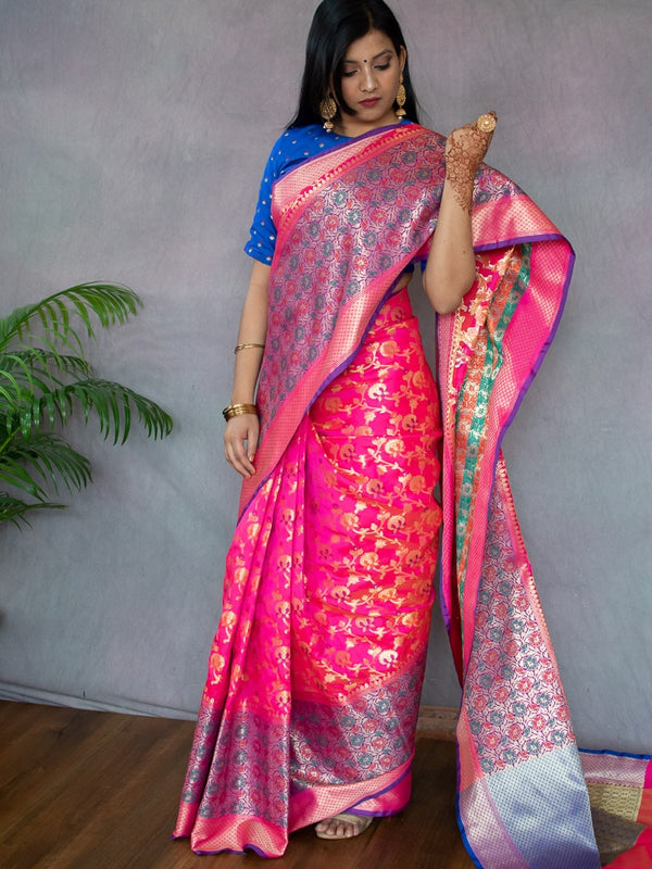 Banarasi Semi Silk Saree With Meena & Zari Jaal Weaving & Skirt Border-Pink