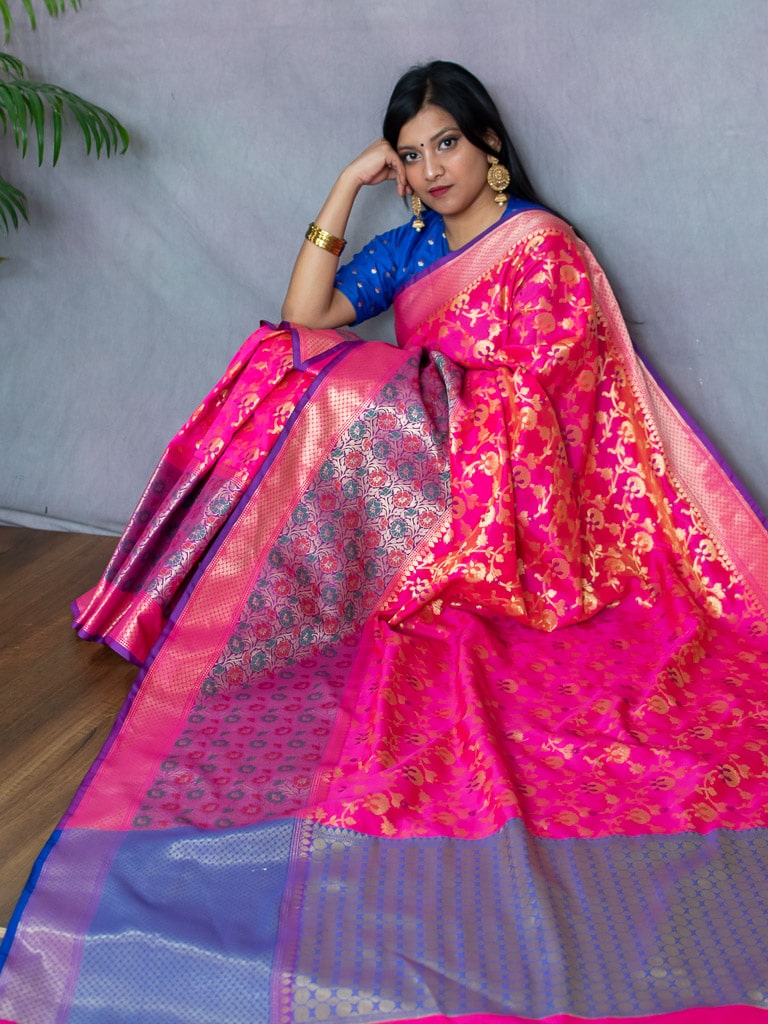 Banarasi Semi Silk Saree With Meena & Zari Jaal Weaving & Skirt Border-Pink