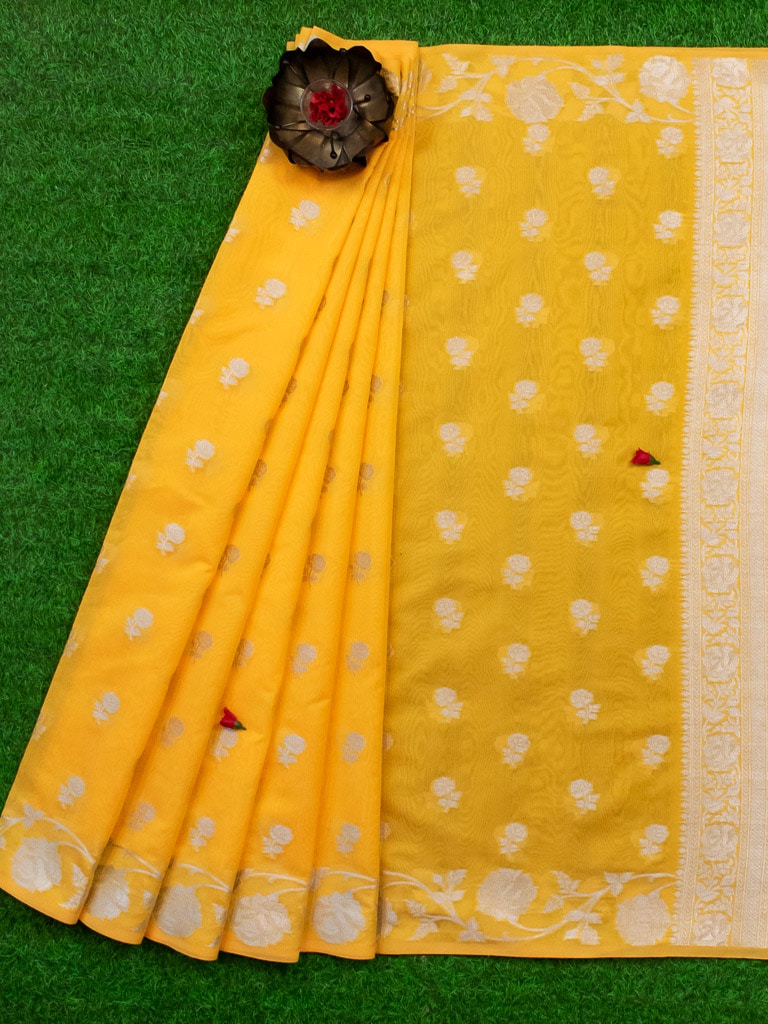 Banarasi Kora Saree With Silver Zari Buti Weaving & Floral Border-Yellow