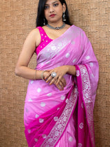 Banarasi  Dual Shade Semi Chiffon Saree Silver  Zari Buti Weaving-Pink