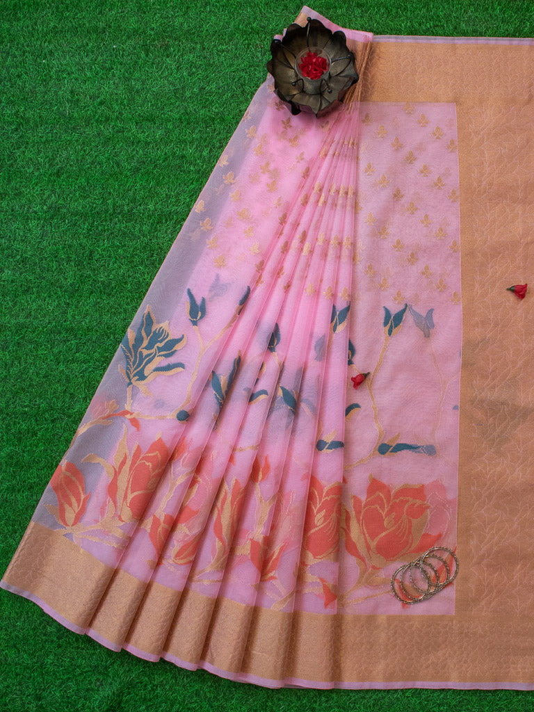 Banarasi organza Saree With Zari & Resham Floral Weaving-Pink