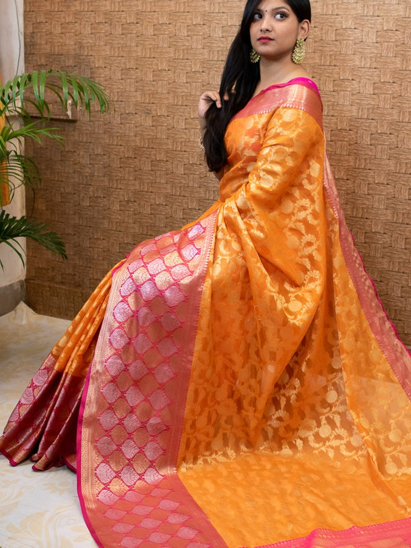 Banarasi Kora Saree With Silver Zari Buti Weaving & Contrast Skirt Border-Orange