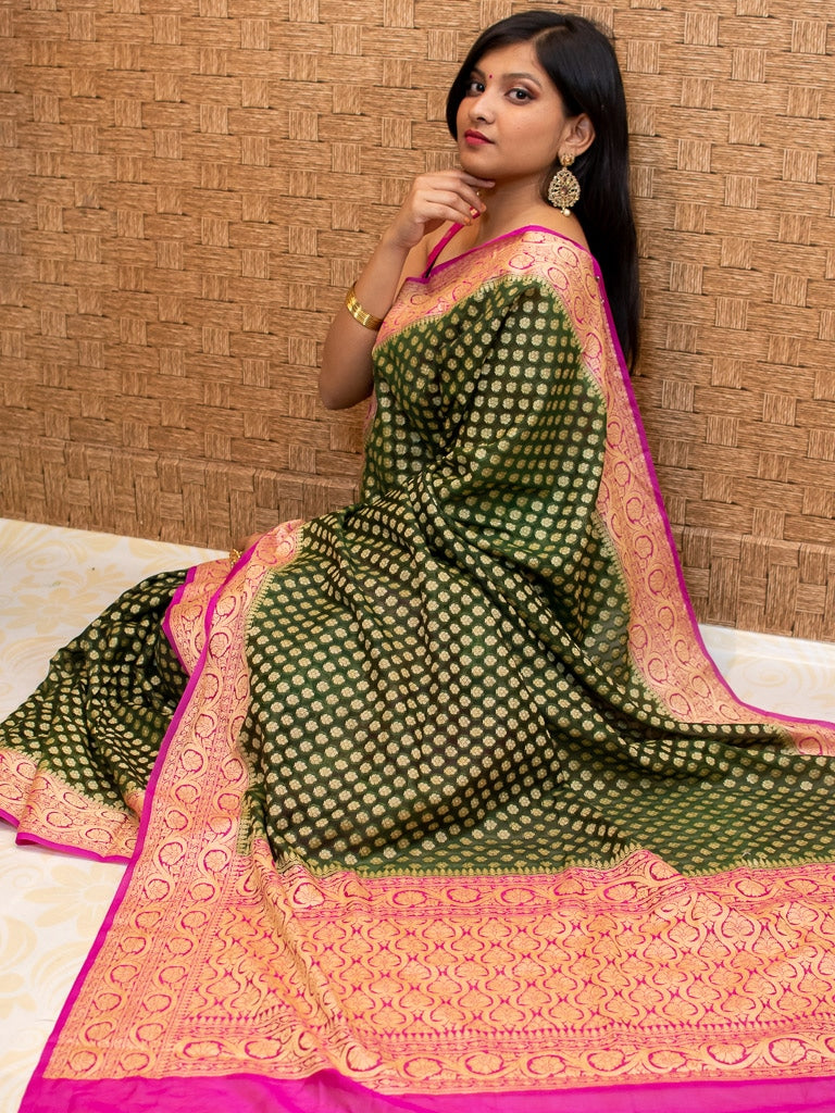 Banarasi Semi Georgette Saree With Zari Buti Weaving & Contrast Border-Green