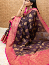Banarasi Semi Silk Saree With  Zari Paisley Weaving-Wine & Pink