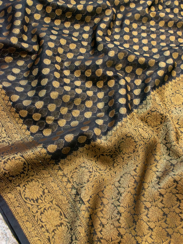 Banarasi Soft Cotton Silk Saree Antique Zari Weaving-Black
