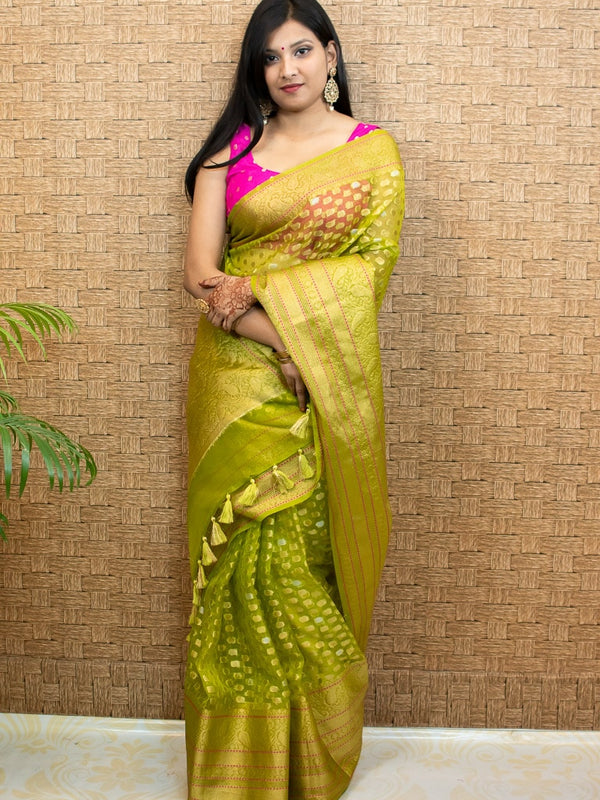 Banarasi Kora Saree With Silver Zari Buti Weaving-Green