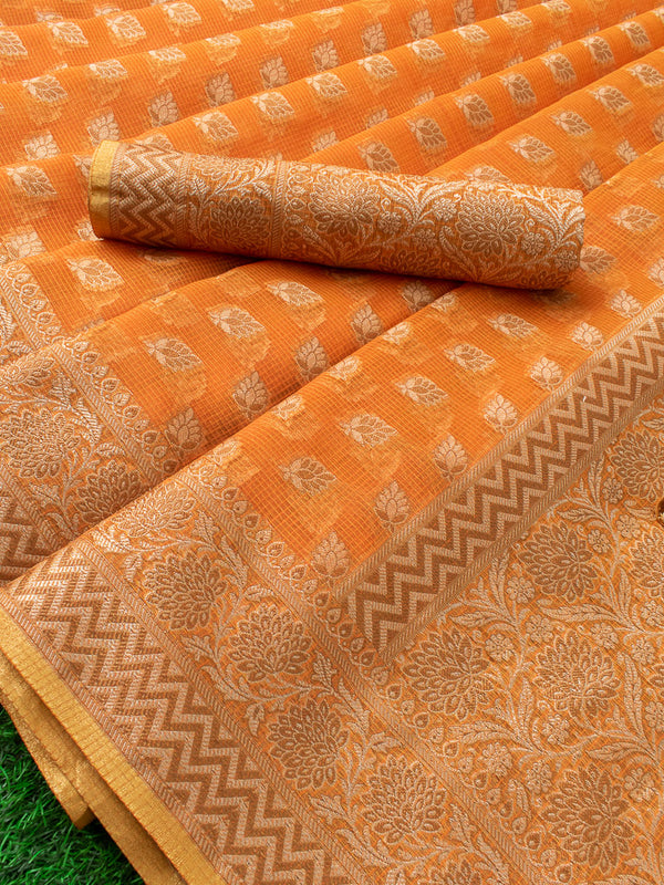 Banarasi Kota Check Resham Buti Saree With Floral Border-Orange
