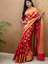 Banarasi Semi Silk Saree With Antique Zari Buta Weaving-Red