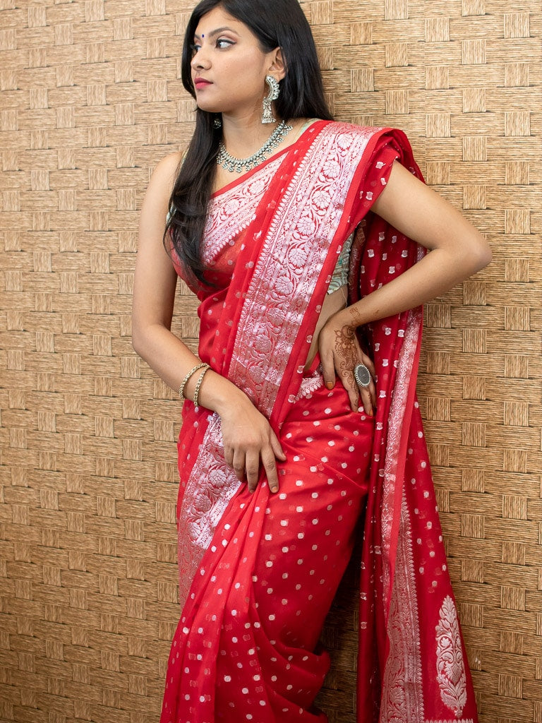 Banarasi Semi Silk Saree With Silver Zari Polka Dots Weaving-Red