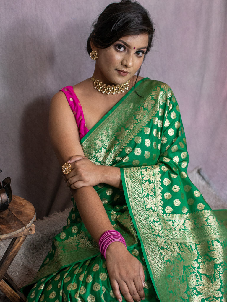 Banarasi Art Katan Silk Saree With Buti Weaving-Green