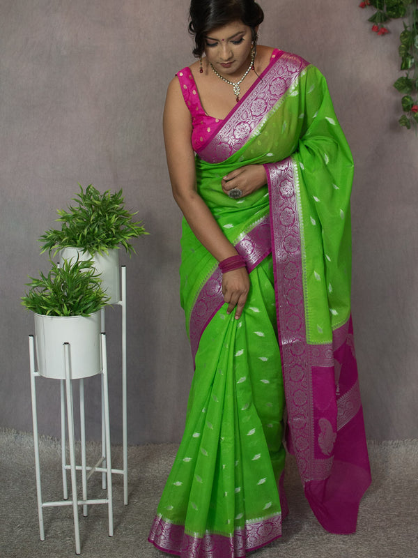 Banarasi Semi Silk Saree With Silver Zari Weaving & Contrast Border-Green & Pink