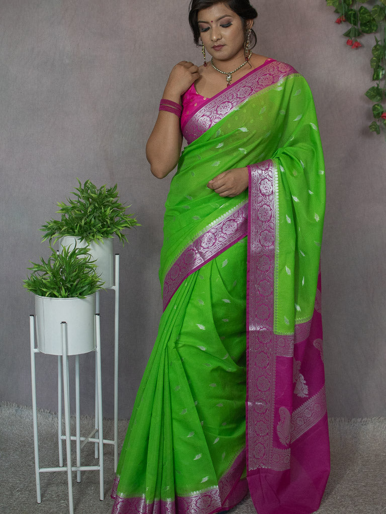 Banarasi Semi Silk Saree With Silver Zari Weaving & Contrast Border-Green & Pink