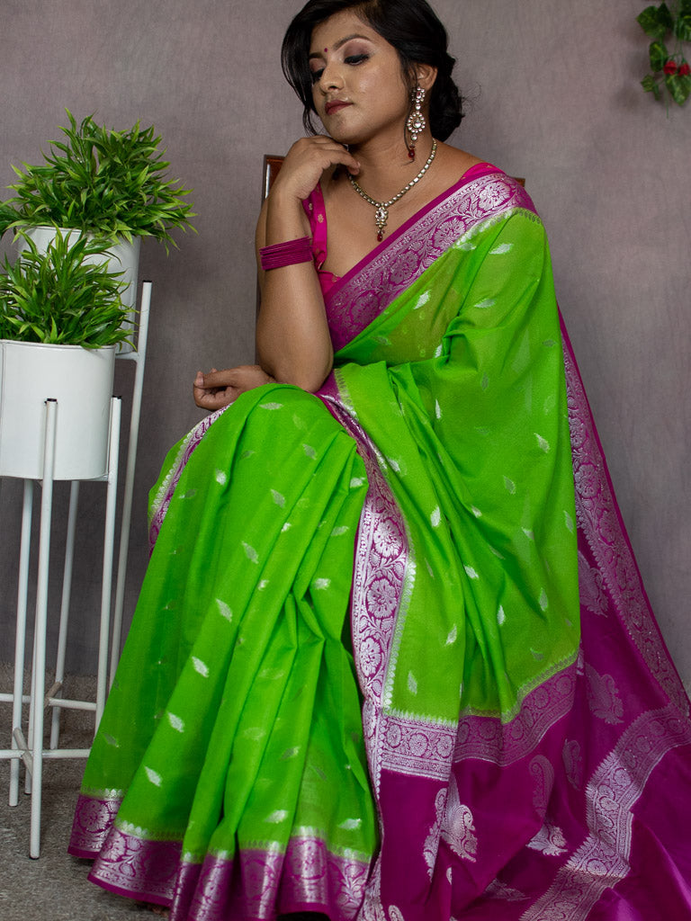 Banarasi Semi Silk Saree With Silver Zari Weaving & Contrast Border-Green & Pink