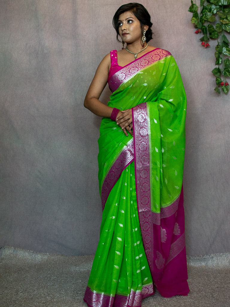 Banarasi Semi Silk Saree With Silver Zari Weaving & Contrast Border-Green & Pink