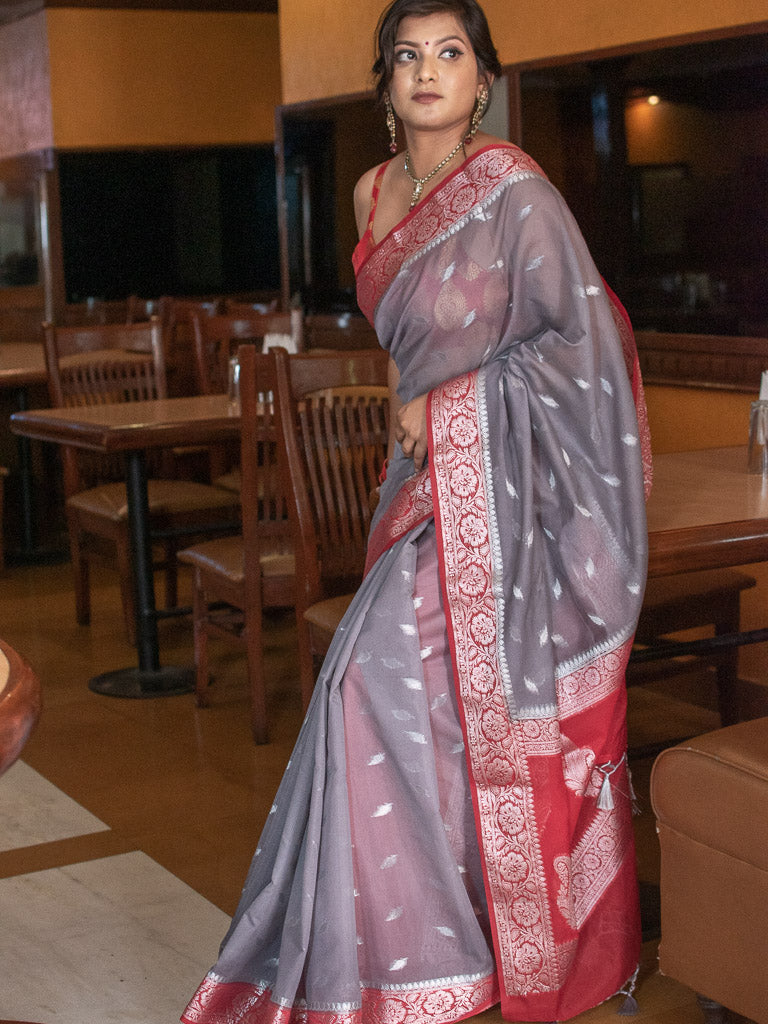 Banarasi Semi Silk Saree With Silver Zari Weaving & Contrast Border-Grey & Red