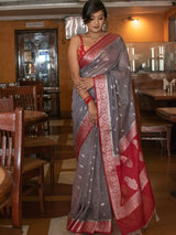 Banarasi Semi Silk Saree With Silver Zari Weaving & Contrast Border-Grey & Red