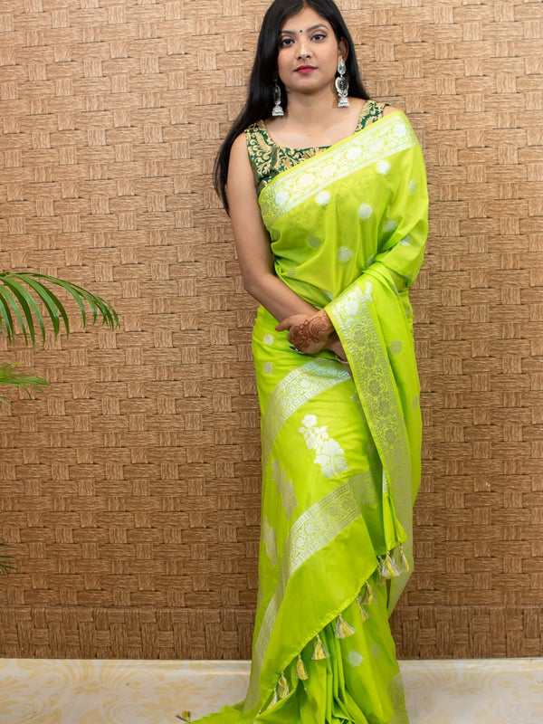 Banarasi  Semi Chiffon Saree Silver Zari Buti Weaving-Green