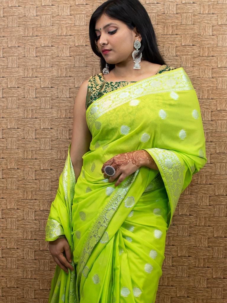 Banarasi  Semi Chiffon Saree Silver Zari Buti Weaving-Green