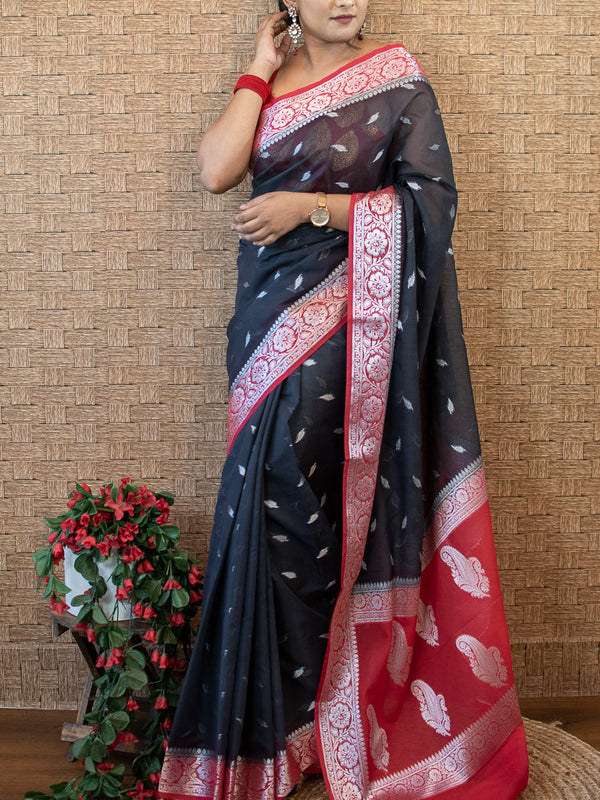 Banarasi Semi Silk Saree With Silver Zari Weaving & Contrast Border-Black & Red