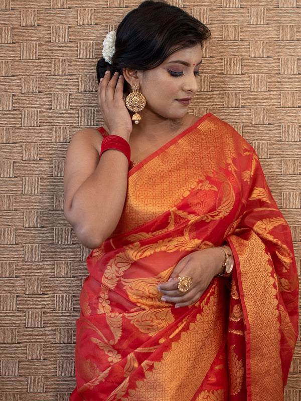 Banarasi Kora Saree With Zari Jaal Weaving & Skirt Border-Red