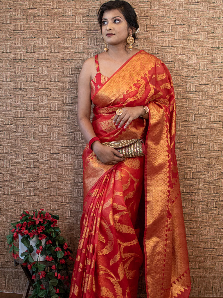 Banarasi Kora Saree With Zari Jaal Weaving & Skirt Border-Red