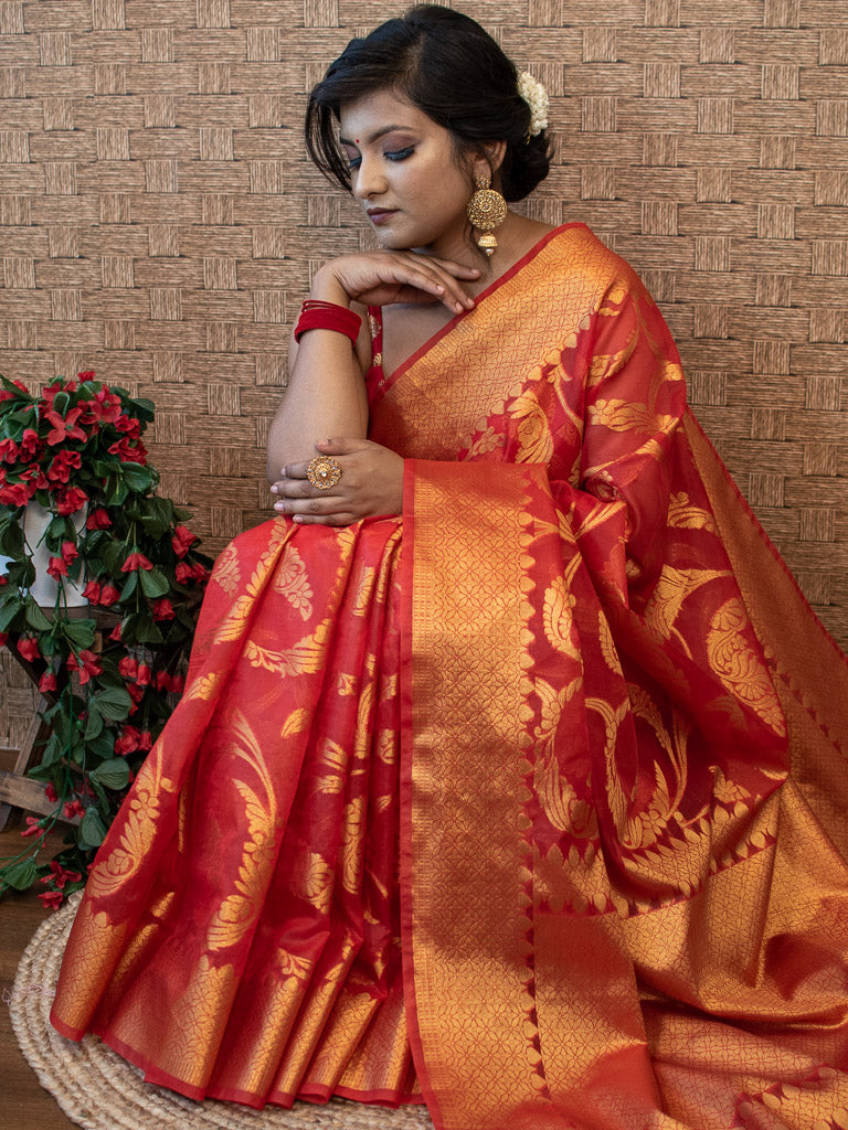 Banarasi Kora Saree With Zari Jaal Weaving & Skirt Border-Red