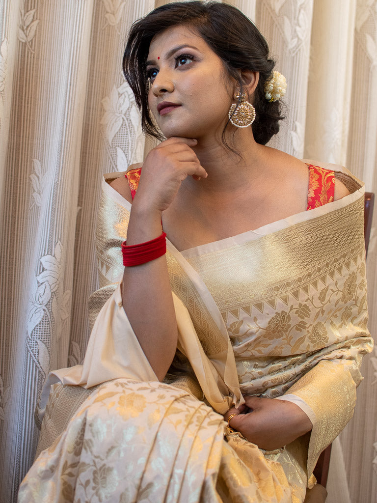 Banarasi Art Katan Silk Saree With Buti Weaving-Ivory White
