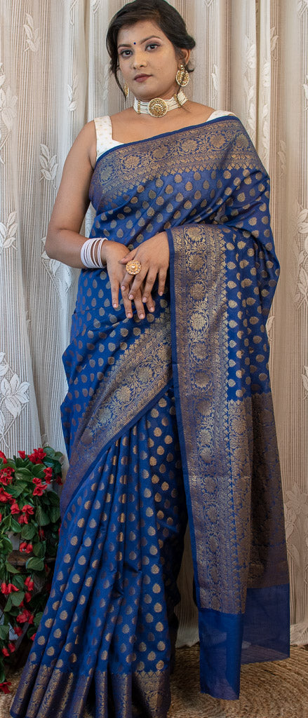 Banarasi Soft Cotton Silk Saree Antique Zari Weaving-Blue