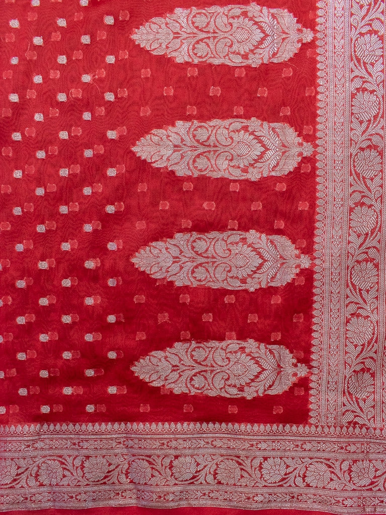 Banarasi Semi Silk Saree With Silver Zari Polka Dots Weaving-Red