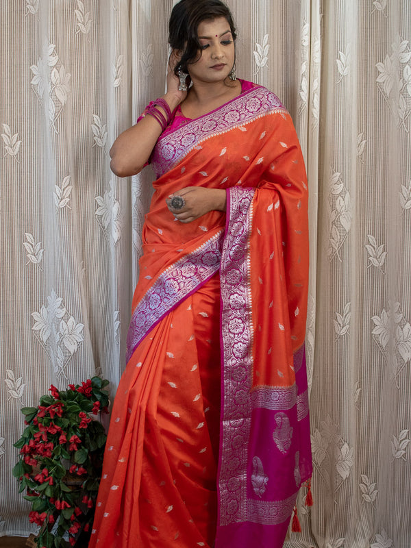 Banarasi Semi Silk Saree With Silver Zari Weaving & Contrast Border-Orange & Pink