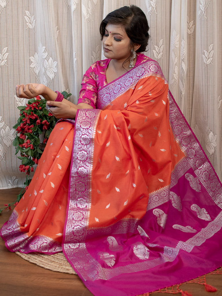 Banarasi Semi Silk Saree With Silver Zari Weaving & Contrast Border-Orange & Pink