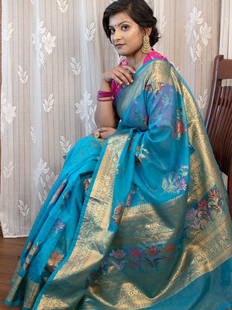 Banarasi organza Saree With Zari & Resham Floral Weaving-Blue