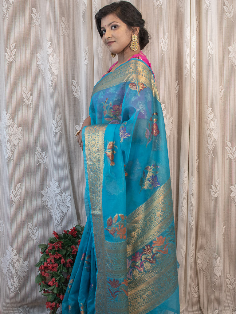 Banarasi organza Saree With Zari & Resham Floral Weaving-Blue